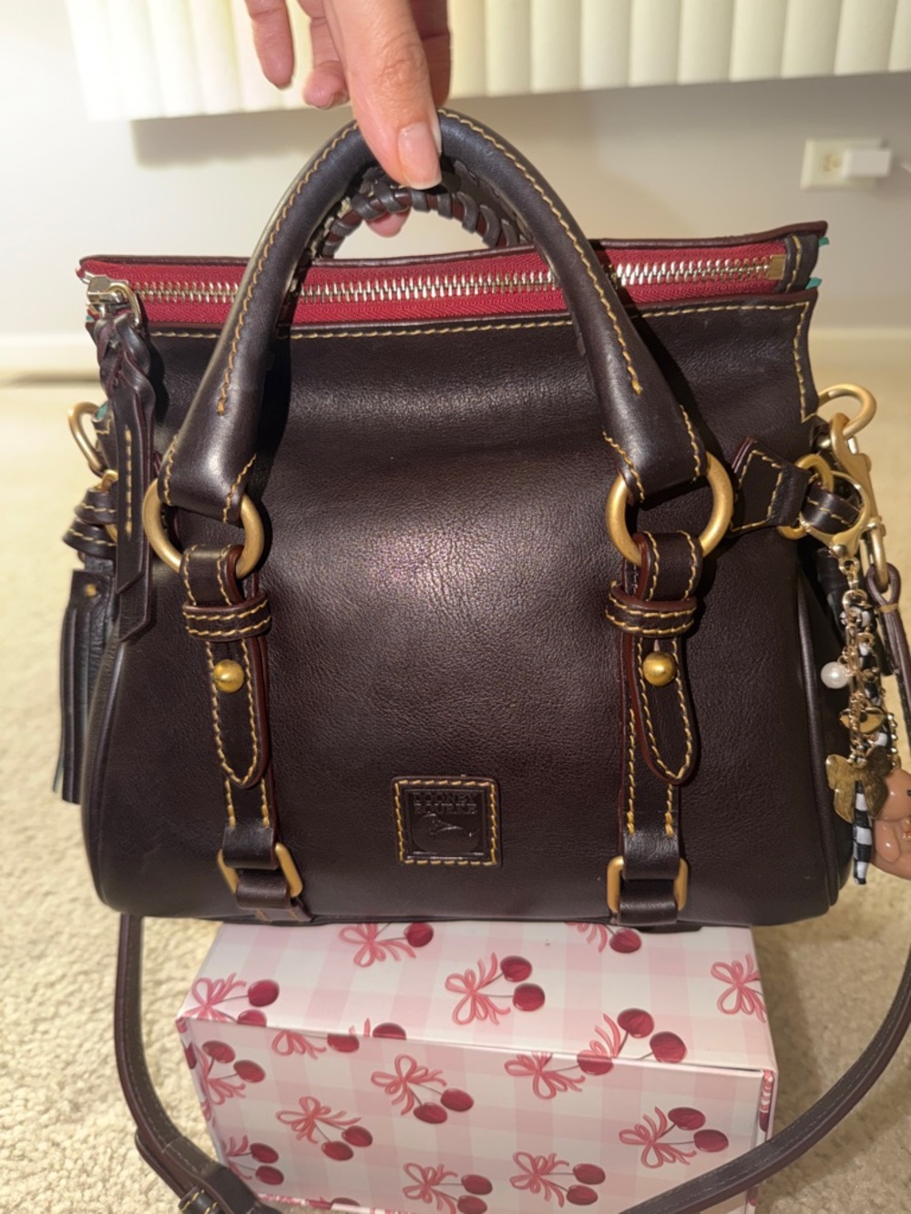 Dooney & Bourke  Micro Brown Tmoro Leather Satchel with Red Zip Trim